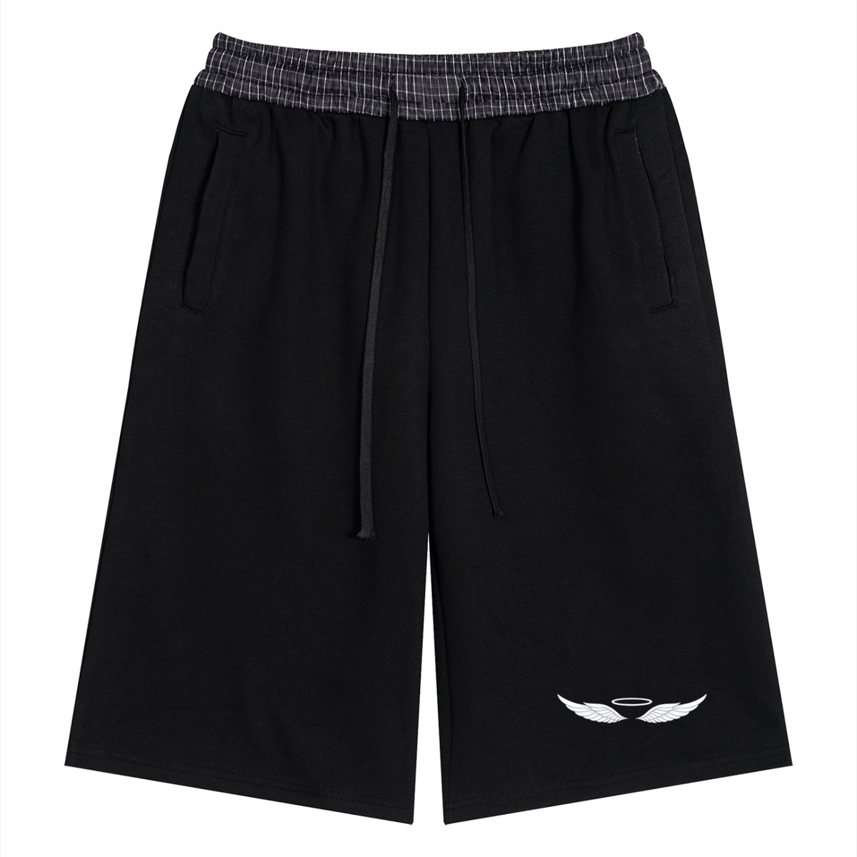 Black shorts with a checkered waistband on a white background